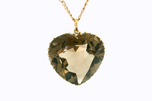 VINTAGE ESTATE 1966 SMOKY QUARTZ HEART PENDANT & CHAIN 12ct GOLD