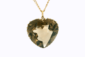 VINTAGE ESTATE 1966 SMOKY QUARTZ HEART PENDANT & CHAIN 12ct GOLD