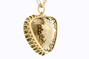 VINTAGE ESTATE 1966 SMOKY QUARTZ HEART PENDANT & CHAIN 12ct GOLD