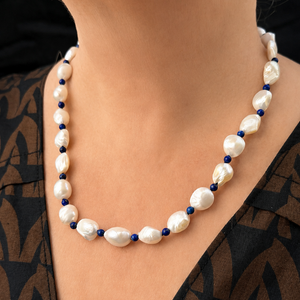 BESPOKE BAROQUE PEARL & LAPIS LAZULI NECKLACE 14ct GOLD
