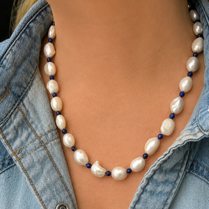 BESPOKE BAROQUE PEARL & LAPIS LAZULI NECKLACE 14ct GOLD