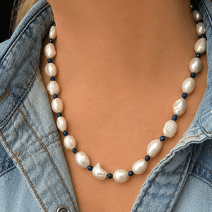 BESPOKE BAROQUE PEARL & LAPIS LAZULI NECKLACE 14ct GOLD
