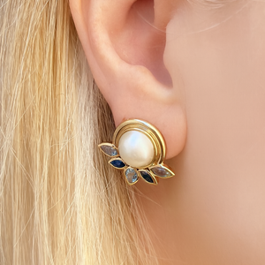 VINTAGE MABE PEARL SAPPHIRE & TOPAZ EARRINGS 9ct GOLD