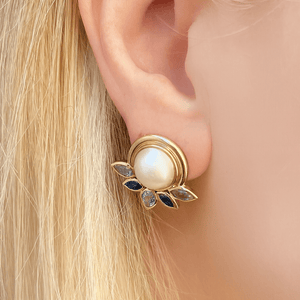 VINTAGE MABE PEARL SAPPHIRE & TOPAZ EARRINGS 9ct GOLD