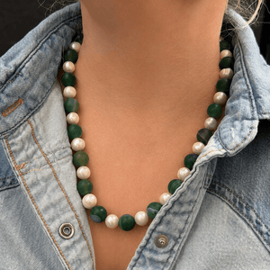 BESPOKE SEMI-BAROQUE PEARLS & BANDED AGATE NECKLACE 9ct GOLD