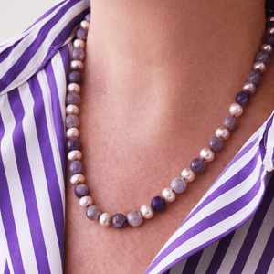 BESPOKE PINK PEARL & PLUM TOURMALINE NECKLACE 9ct GOLD