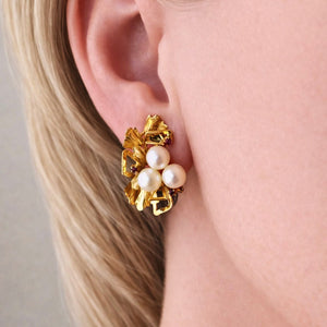 MID-CENTURY c1960’s PEARL & RUBY EARRINGS 14ct GOLD
