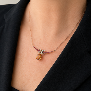 ANTIQUE SEED PEARL ENAMEL & CITRINE CRESCENT MOON NECKLACE 9ct GOLD