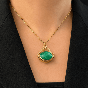 VINTAGE DOUBLE-SIDED CARNELIAN & MALACHITE FOB SPINNER 9ct GOLD