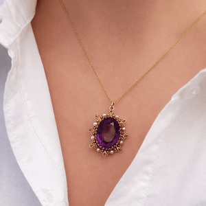 ANTIQUE VICTORIAN c1880 AMETHYST AND PEARL PENDANT 9ct GOLD