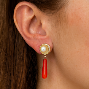 BESPOKE CORAL, PEARL & DIAMOND EARRINGS 9ct GOLD