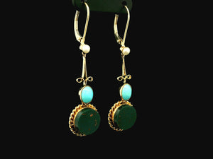 ANTIQUE PEARL TURQUOISE & BLOODSTONE EARRINGS 9ct GOLD