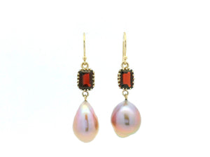 BESPOKE GARNET & PINK BAROQUE PEARL EARRINGS 9ct GOLD