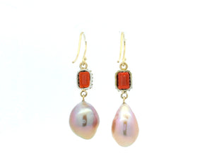 BESPOKE GARNET & PINK BAROQUE PEARL EARRINGS 9ct GOLD