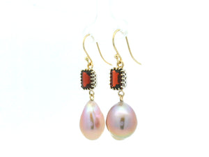BESPOKE GARNET & PINK BAROQUE PEARL EARRINGS 9ct GOLD