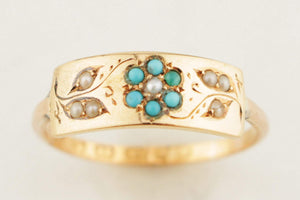 ANTIQUE VICTORIAN 1863 TURQUOISE & SEED PEARL RING 22ct GOLD