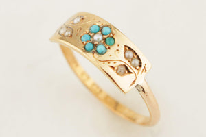 ANTIQUE VICTORIAN 1863 TURQUOISE & SEED PEARL RING 22ct GOLD
