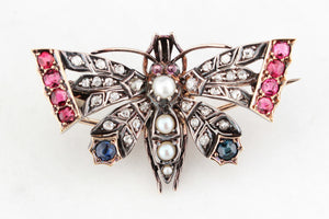 ANTIQUE c1890 DIAMOND SAPPHIRE & SPINEL BUTTERFLY PENDANT/BROOCH