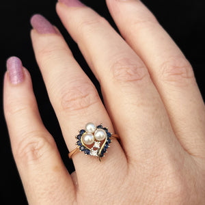 RETRO SAPPHIRE, DIAMOND & PEARL RING IN 14ct GOLD