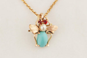 ANTIQUE EDWARDIAN c1900 RUBY TORQUIOSE & PEARL BEE PENDANT 14ct GOLD