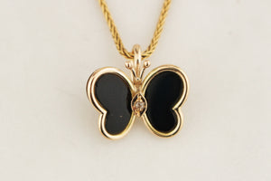 VINTAGE DIAMOND & ONYX BUTTERFLY PENDANT 14ct  GOLD