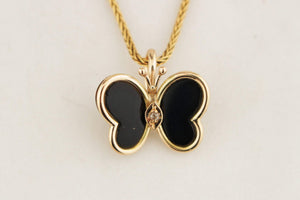 VINTAGE DIAMOND & ONYX BUTTERFLY PENDANT 14ct GOLD