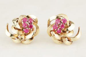 VINTAGE c1940 RUBY EARRINGS 18ct YELLOW GOLD