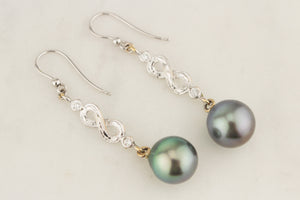 MODERN TAHITIAN PEARL & DIAMOND EARRINGS 18ct WHITE GOLD