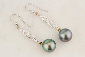 MODERN TAHITIAN PEARL & DIAMOND EARRINGS 18ct WHITE GOLD