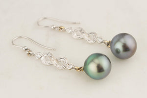 MODERN TAHITIAN PEARL & DIAMOND EARRINGS 18ct WHITE GOLD