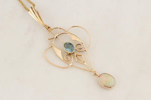 ANTIQUE ART NOUVEAU c1890 TOURMALINE & SOLID OPAL PENDANT 12ct YELLOW GOLD