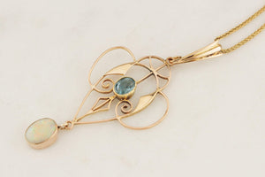 ANTIQUE ART NOUVEAU c1890 TOURMALINE & SOLID OPAL PENDANT 12ct YELLOW GOLD