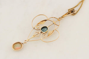 ANTIQUE ART NOUVEAU c1890 TOURMALINE & SOLID OPAL PENDANT 12ct YELLOW GOLD