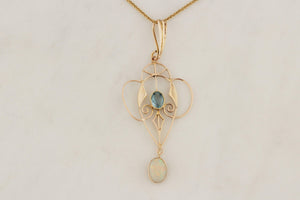 ANTIQUE ART NOUVEAU c1890 TOURMALINE & SOLID OPAL PENDANT 12ct YELLOW GOLD