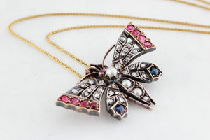 ANTIQUE c1890 DIAMOND SAPPHIRE & SPINEL BUTTERFLY PENDANT/BROOCH