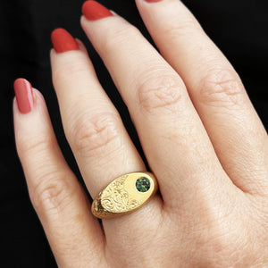 CUSTOM PARTI SAPPHIRE ETCHED SIGNET RING 9ct GOLD