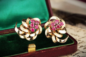 VINTAGE c1940 RUBY EARRINGS 18ct YELLOW GOLD