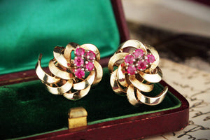VINTAGE c1940 RUBY EARRINGS 18ct YELLOW GOLD