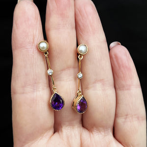 ANTIQUE EDWARDIAN PEARL, AMETHYST & SPINEL EARRINGS 9CT GOLD