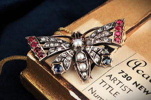ANTIQUE c1890 DIAMOND SAPPHIRE & SPINEL BUTTERFLY PENDANT/BROOCH