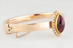 ANTIQUE EDWARDIAN GARNET & SEED PEARL BANGLE 9CT GOLD