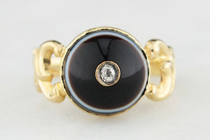 ANTIQUE VICTORIAN BANDED AGATE & DIAMOND RING 18ct GOLD