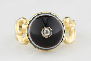 ANTIQUE VICTORIAN BANDED AGATE & DIAMOND MOURNING RING 18ct GOLD