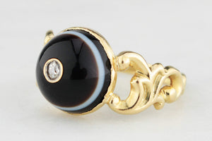ANTIQUE VICTORIAN BANDED AGATE & DIAMOND MOURNING RING 18ct GOLD