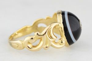 ANTIQUE VICTORIAN BANDED AGATE & DIAMOND MOURNING RING 18ct GOLD