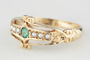 VINTAGE EMERALD & PEARL RING 9ct GOLD
