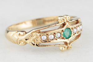 VINTAGE EMERALD & PEARL RING 9ct GOLD