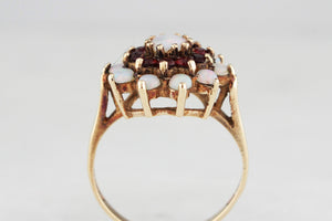 VINTAGE MID CENTURY OPAL & GARNET CLUSTER RING 9ct GOLD