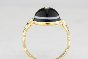 ANTIQUE VICTORIAN BANDED AGATE & DIAMOND MOURNING RING 18ct GOLD