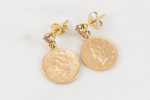 ANTIQUE LIBERTY HEAD COIN & DIAMOND EARRINGS 22ct & 14ct GOLD